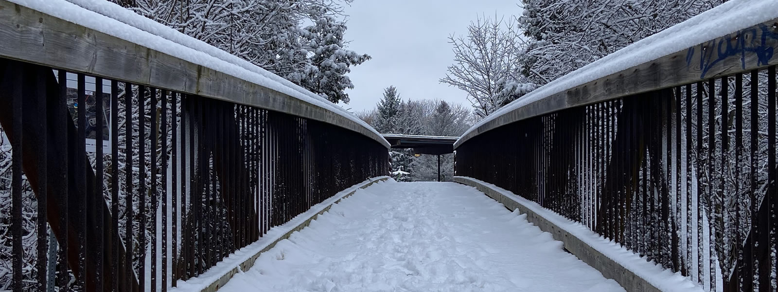 A walkway covered in snow at a Scarborough park in Winter