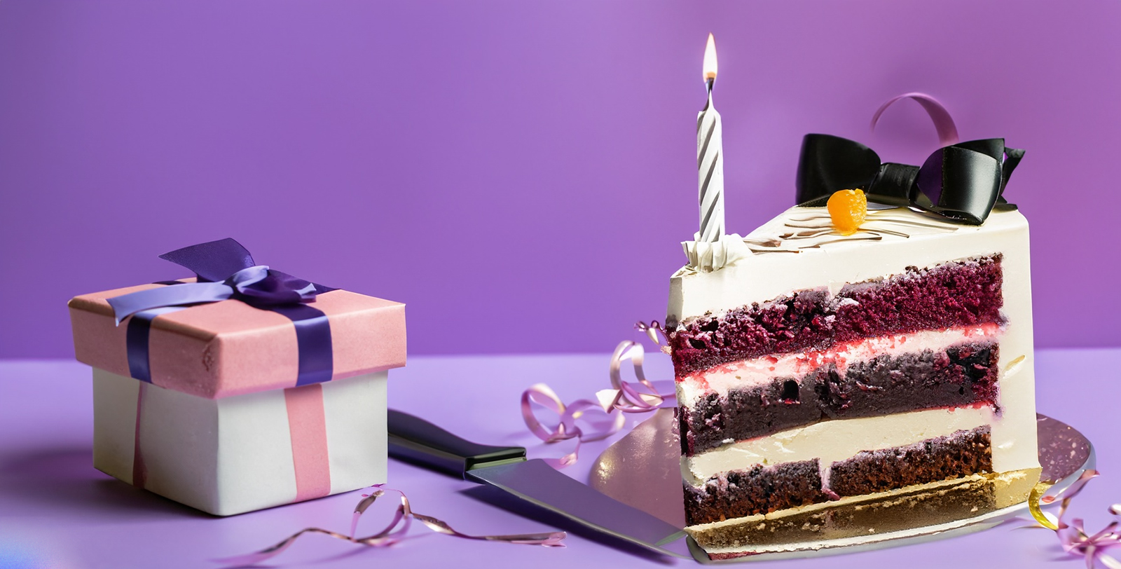 An AI generated image of Tuxedo birthday cake with knife on purple background.